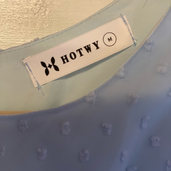 Women Dress Bell Short Sleeve Crew Neck Swiss Dot Chiffon A Line Belt Blue Med - Picture 4 of 7